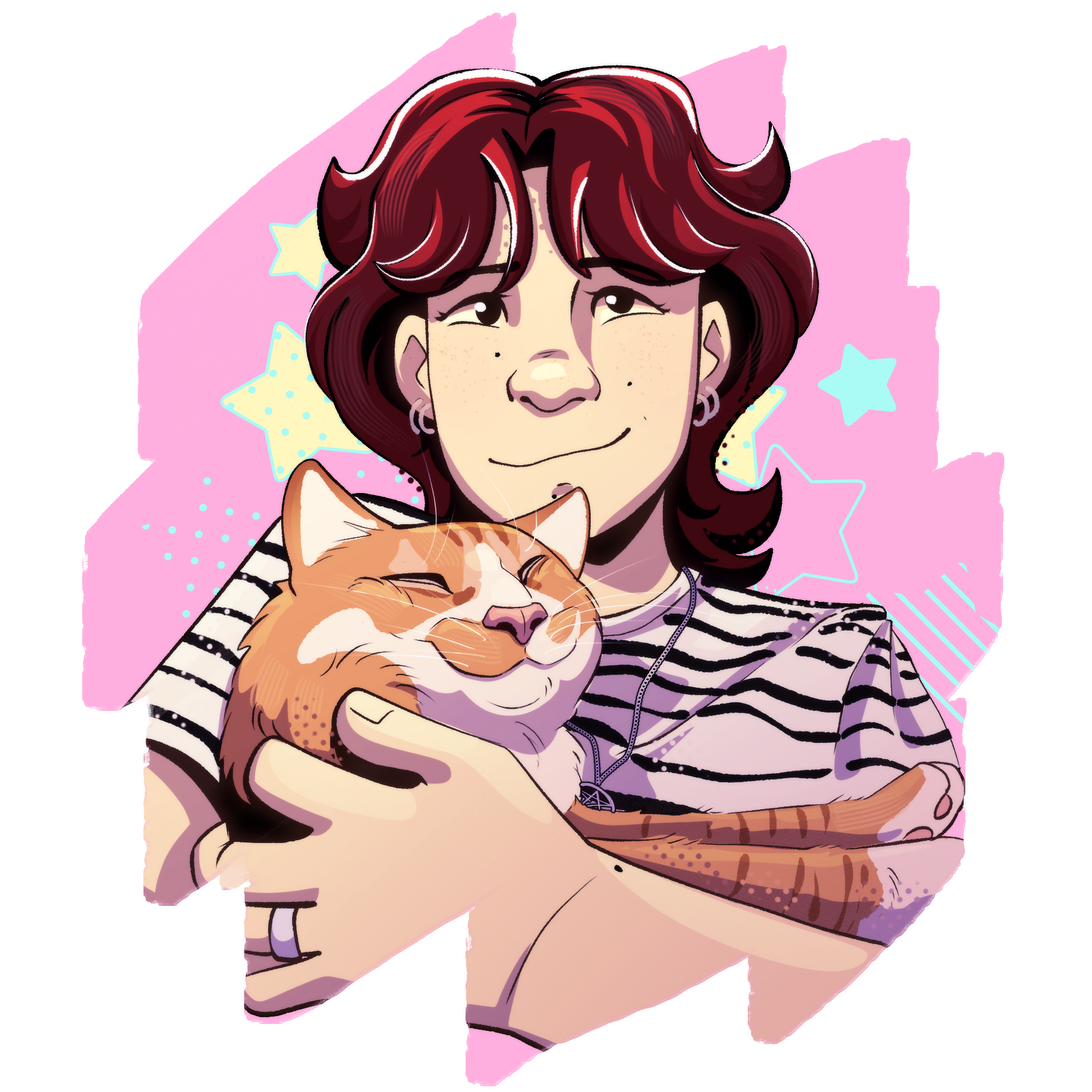 A stylized drawing of Milou Prins with her cat